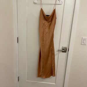 Intermix Silk Cowl Neck Champagne Midi Slit Slip Dress Wedding Guest Cocktail